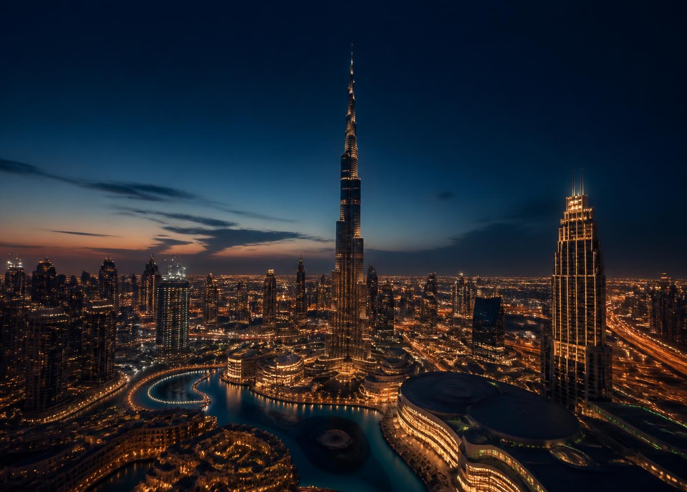 Dubai skyline illuminated at dusk