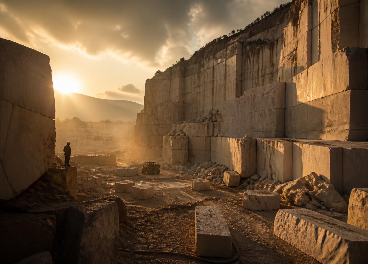 Marble quarry with monumental cut stone blocks at golden hour