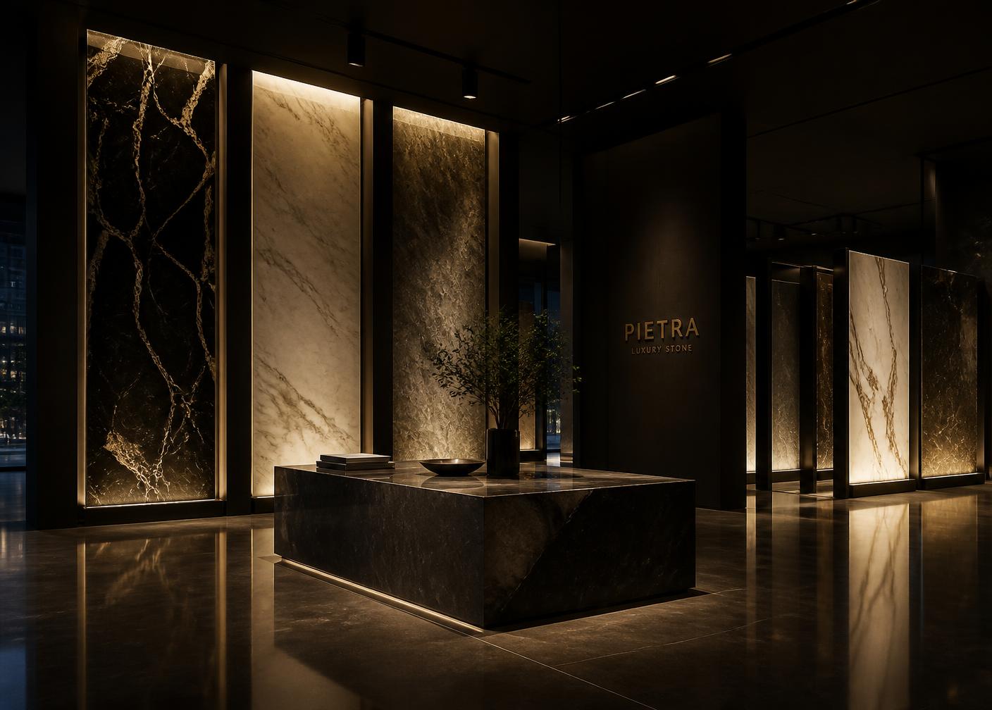 Dark luxury marble showroom with backlit stone slabs